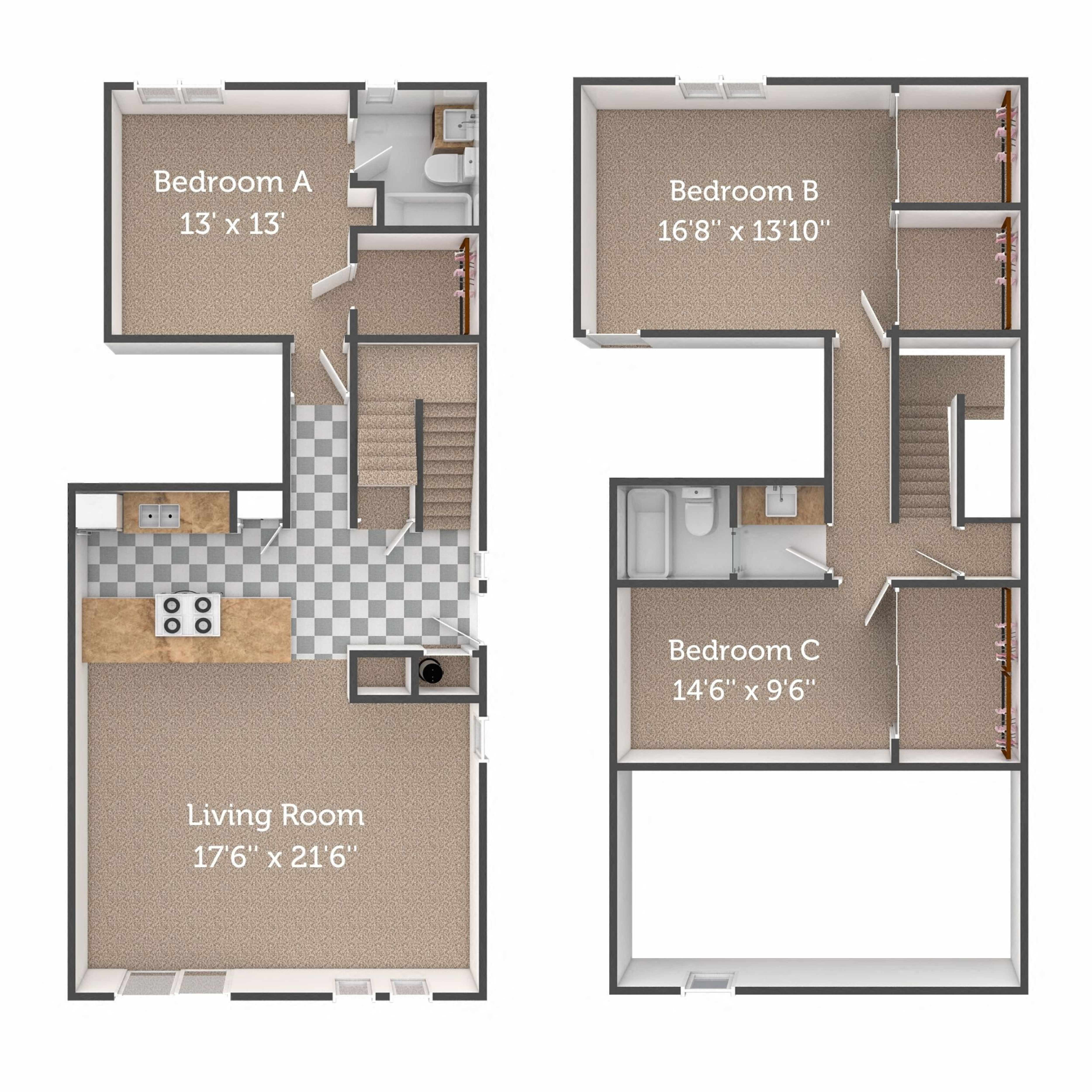 Floor plan for 3 beds, 2 baths, 1642 sqft